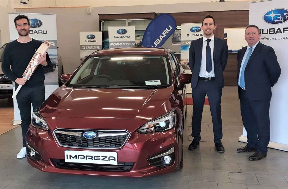 Subaru Brand Ambassador Andy Balbirnie with Cathal Kealey, Head of Marketing at Subaru Ireland and Leo Neary, Neary's Lusk